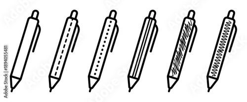 Set of six black line art pens with different hand-drawn patterns, including dots, stripes, and scribbles, presented as a minimalist icon collection for creative projects