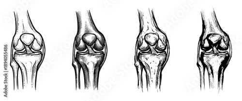 Four anatomical illustrations of a human knee joint presented in various hand-drawn ink styles, including stippling and cross-hatching for medical or scientific study