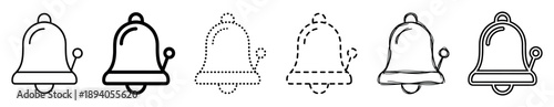 Set of six black bell icons in various line art styles including bold, dotted, dashed, and hand-drawn sketch for user interface design