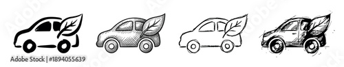 Four hand-drawn eco-friendly car icons with a leaf symbol, a collection of sketches and doodles representing sustainable transportation and clean energy concepts