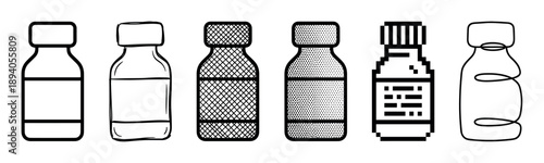 Collection of six medical vial illustrations in different graphic styles, including simple outline, hand-drawn sketch, halftone, crosshatch, pixel art, and continuous line