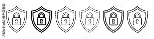 Collection of six black shield icons with padlocks, illustrating different graphic styles such as thin outline, bold, dashed, dotted, and sketchy hand-drawn design elements