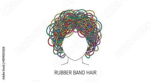 Abstract portrait with colorful rubber band hair and a simple face outline