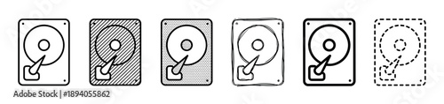 Hard disk drive icon set with six different design variations, including simple line art, hand-drawn sketch, dashed outline, and patterned styles for data storage concepts