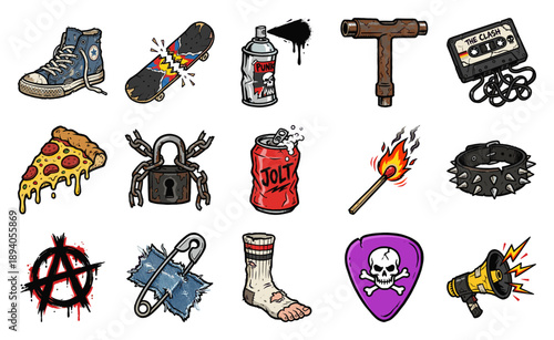 Grungy Hand-Drawn Punk Culture Graphic Element Kit for Alternative Underground Streetwear and Skateboard Design