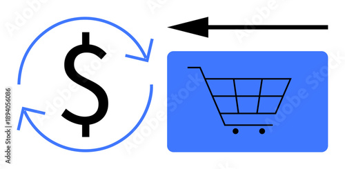 E-commerce concept. E-commerce symbols showing a refund process with a dollar sign and shopping cart. E-commerce for online purchases, retail transactions, customer service, logistics, and payment
