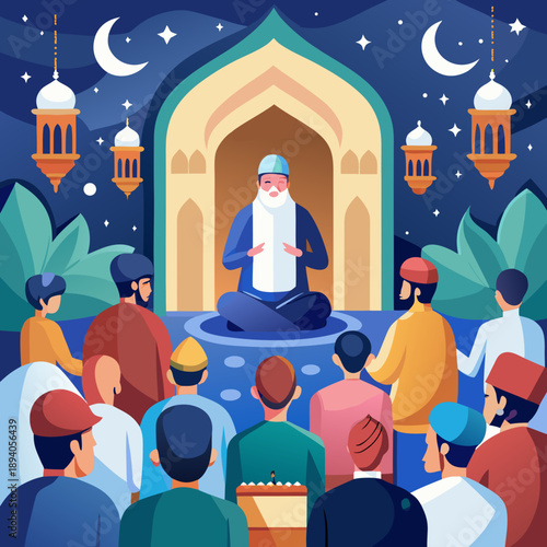 Islamic Elder Leads Ramadan Sermon Under Moonlit Night Sky