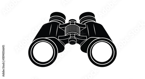 A striking black graphic depicts a pair of classic binoculars showcasing detailed features in a bold silhouette high quality professional