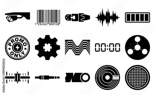 Minimalist Black Vector Music Production and Audio Technology Icon Set for Electronic Media Branding