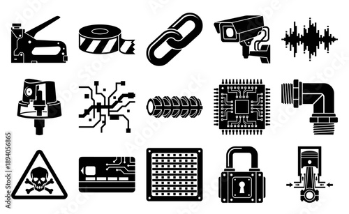 Black Silhouette Industrial Technology and Hardware Element Kit for Engineering and Security System Design