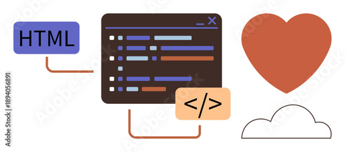 Web development, coding design, websites, programming education, technology creativity, and app creation. Code snippet, HTML tag heart symbol and cloud art. Web development and coding design theme