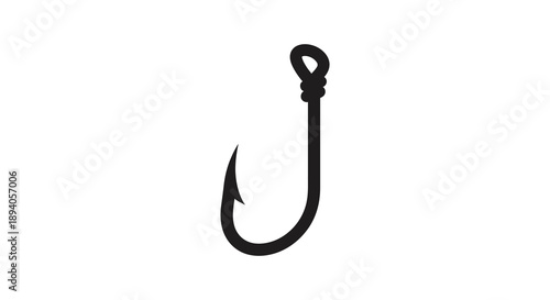 A stark black outline depicts a classic fishing hook curving sharply and displaying a simple elegant silhouette high quality professional