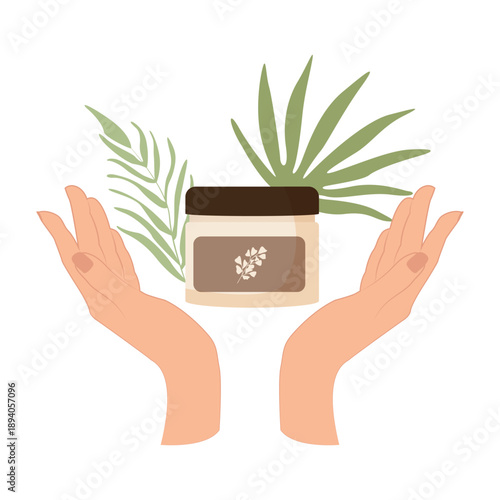Cream in a woman's hands against a backdrop of tropical plants.A jars of cream or other cosmetic products. Vector illustration for cosmetology, body and face care.