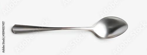A shiny, metallic spoon lies horizontally against a plain white background, capturing light