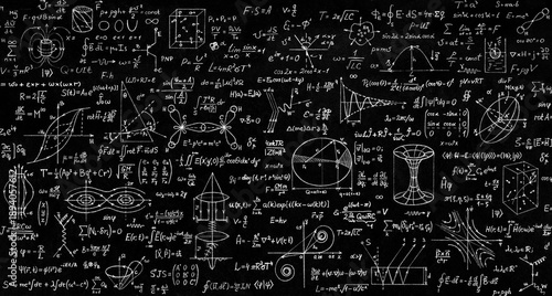 A blackboard filled with mathematical and physical formulas, equations, graphs, and geometric diagrams. The image represents mathematics, physics, research, and academic knowledge.
