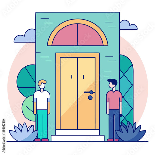 Two People Visiting Neighbors at a Modern House Entrance