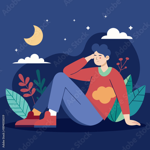 Person relaxing at night under moon and stars