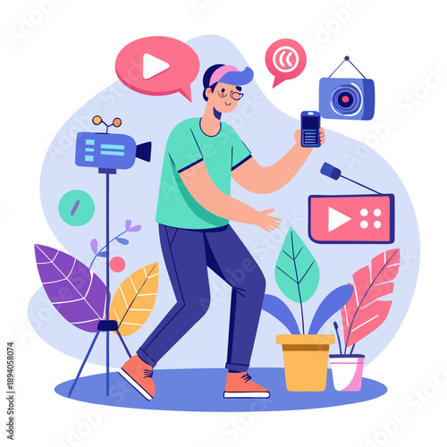 Content Creator Making Social Media Video With Phone And Camera