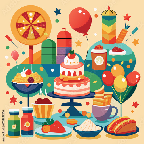 A delightful celebration feast with cake and treats