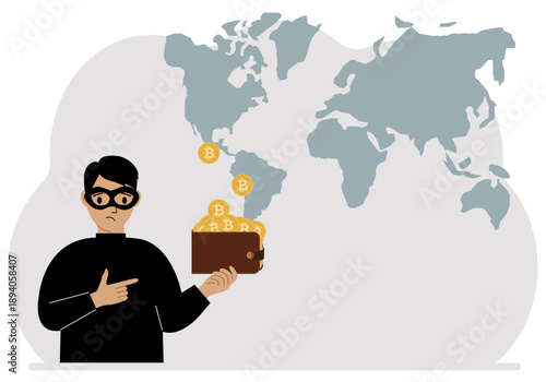 A thief in a black mask with a wallet full of coins. Cyberattack, mobile phishing, fraud, hacker, theft. Vector flat illustration.