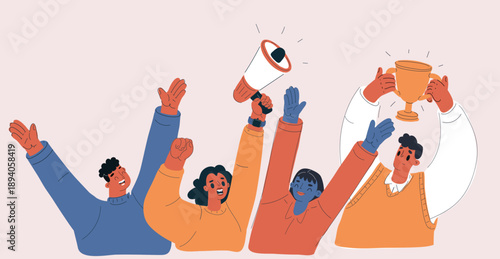 Cartoon vector illustration of people raising hands with megaphone and trophy cup, celebration and victory concept