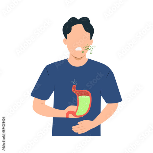 Man has problems with bloating, flatulence, and frequent burping. Vector illustration.