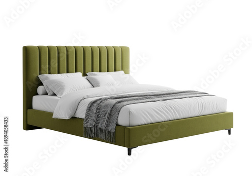 A modern king-size bed with an olive green vertically channeled headboard and matching frame, crisp white bedding, a grey geometric knit throw, on a transparent studio background with copy space.
