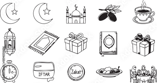 Ramadan icons set featuring islamic mosque minaret and prayer beads and quran and lantern and crescent moon and star and dates and tea and coffee and ketupat and ramadan kareem and eid mubarak theme
