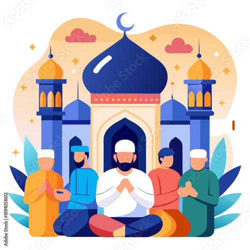 Muslims Performing Eid Prayer Together in Front of a Mosque