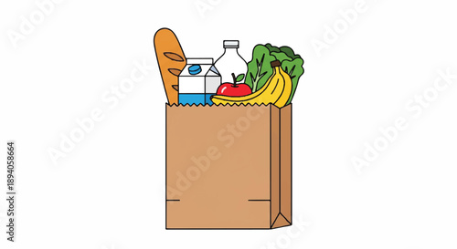 Simple Cartoonish Line Drawing of a Brown Grocery Paper Bag Filled with Food Items and Cartoons