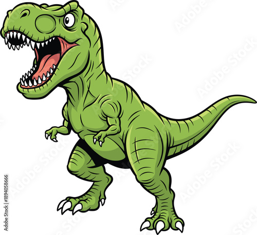 Roaring Green Tyrannosaurus Rex Dinosaur Vector Illustration with Sharp Teeth and Powerful Stance for Childrens Books, Educational Materials, and Jurassic Themed Graphic Designs
