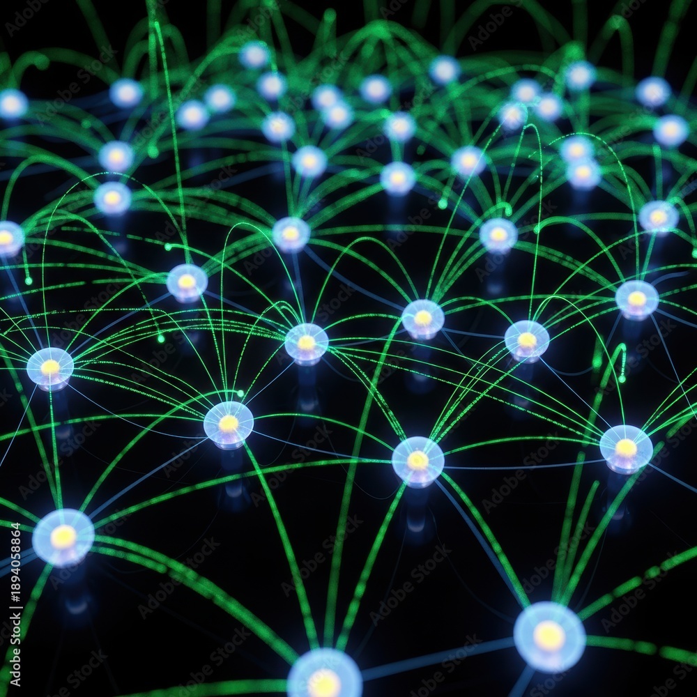 Obraz premium Network nodes in abstract digital pattern with glowing blue and green lights in dark background for technology and data visualization.