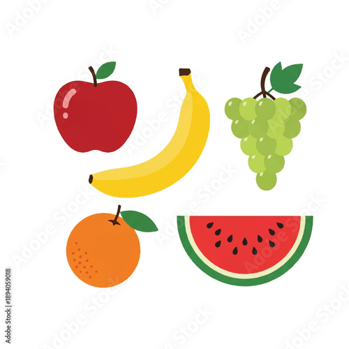 Vibrant Stylized Illustration of Apple, Banana, Grapes, Orange, and Watermelon in a Fresh Fruit Arrangement