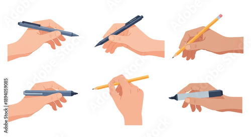 Six Hands Demonstrating Pen Pencil Grips for Writing Drawing Techniques in Cartoon Style Illustration