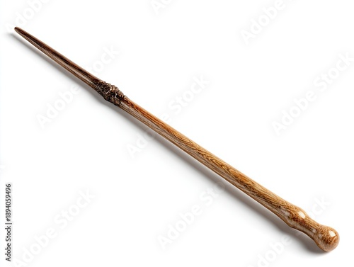 Angled, wooden wand with detailed grip and smooth, tapered body against white background