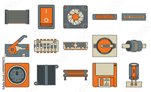 Flat Vector Retro Electronic Components and Hardware Element Kit for Vintage Computing Design