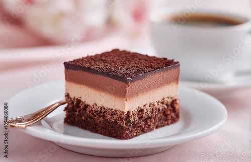 Elegant layered chocolate mousse cake with cocoa powder topping, served on a white plate with a teaspoon