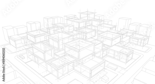 Architectural wireframe drawing of a modern city block design.