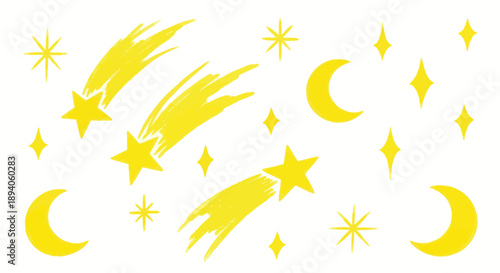Bright Yellow Shooting Stars and Crescent Moons on White Background.