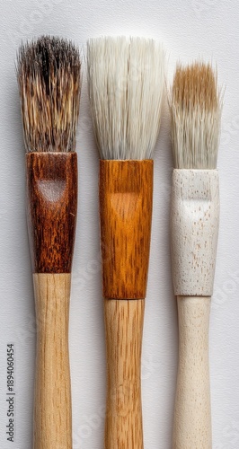 Three paintbrushes with different bristle types and wooden handles, vertical composition