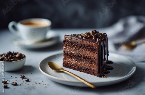 Elegant slice of rich layered chocolate cake with glossy dark chocolate ganache, served on a ceramic plate with a gold spoon.