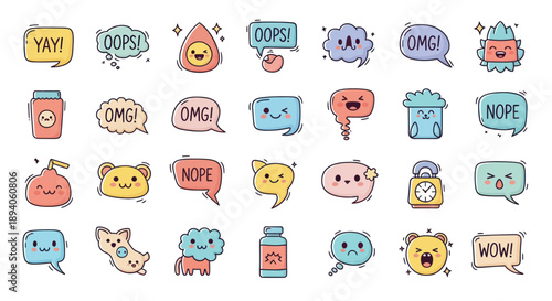 Collection of Cute and Expressive Doodle Speech Bubbles with Various Emotions.