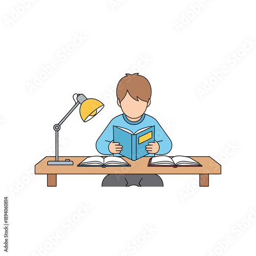 Boy reading book at desk with lamp, studying, learning, knowledge, education concept