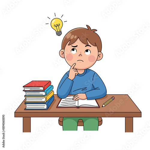 Boy Thinking Hard at Desk with Books and Lightbulb Idea Overhead