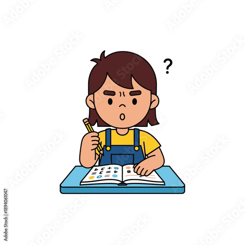Confused child doing homework, holding pencil, question mark above head, math book