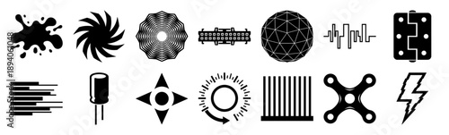 Minimalist Industrial and Scientific Vector Icon Set for Futuristic Technical Interface Design