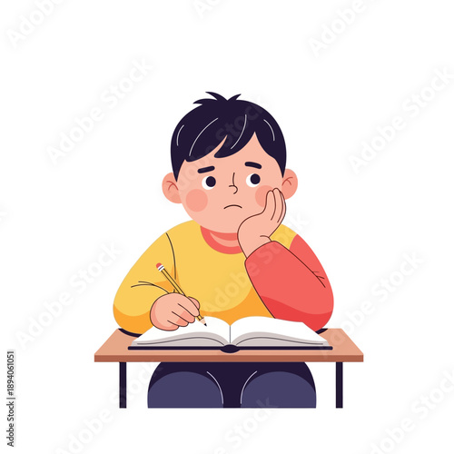 Sad boy struggling with homework, sitting at desk, writing with pencil, looking bored and tired.