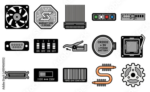 Flat Vector Computer Hardware Component Graphic Set for PC Maintenance and Retro Tech Repair Schematics