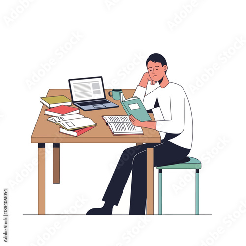 Young man studying at desk with laptop and books, focused learning, remote education
