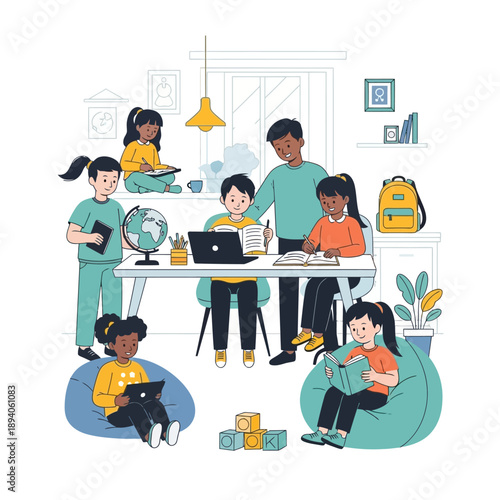 Diverse Children Learning Together In Bright Classroom Setting